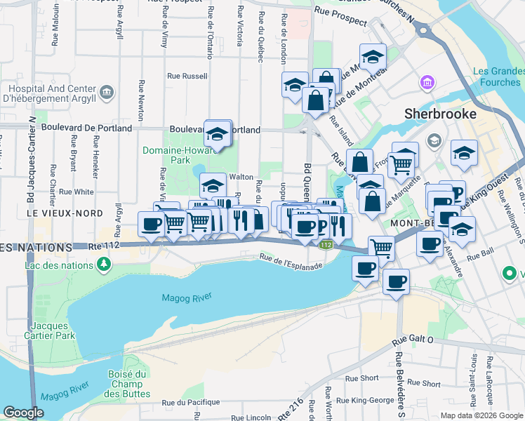 map of restaurants, bars, coffee shops, grocery stores, and more near 96 Rue du Québec in Sherbrooke