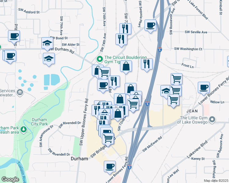 map of restaurants, bars, coffee shops, grocery stores, and more near 7245 Southwest Durham Road in Portland