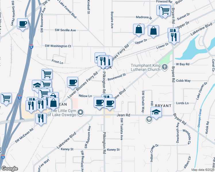 map of restaurants, bars, coffee shops, grocery stores, and more near 17450 Pilkington Road in Lake Oswego
