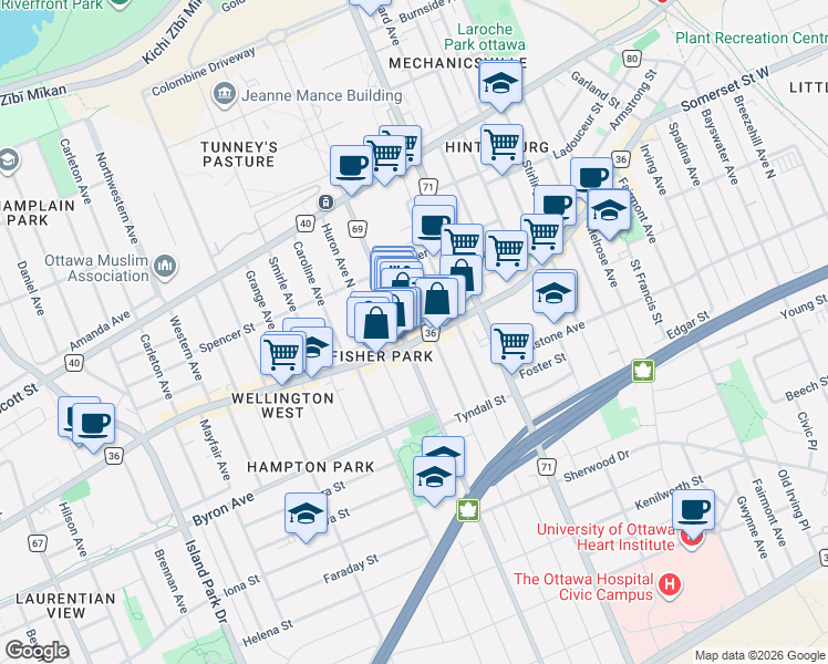 map of restaurants, bars, coffee shops, grocery stores, and more near 1227 Wellington Street West in Ottawa