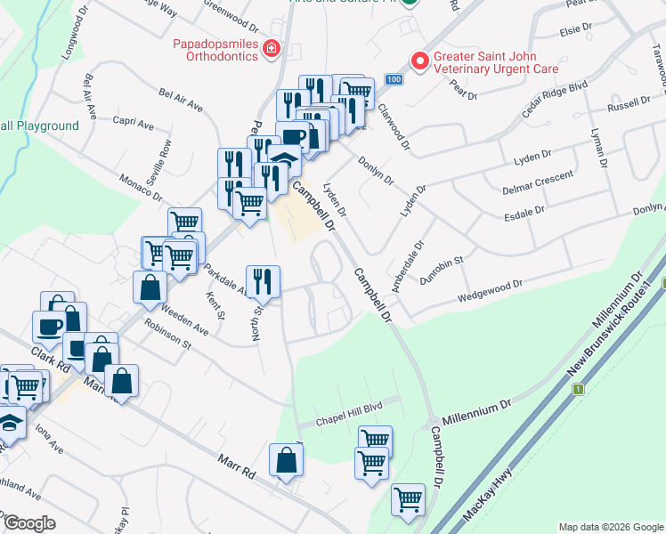 map of restaurants, bars, coffee shops, grocery stores, and more near 1 Hillsview Crescent in Rothesay
