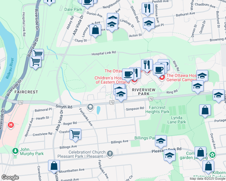 map of restaurants, bars, coffee shops, grocery stores, and more near 240 Freedom Private in Ottawa