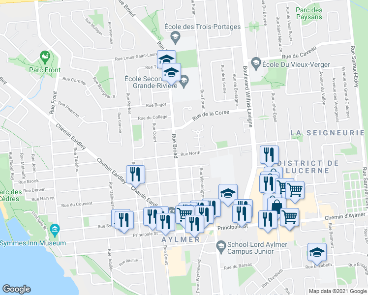 map of restaurants, bars, coffee shops, grocery stores, and more near 17 Rue du Cidre in Gatineau