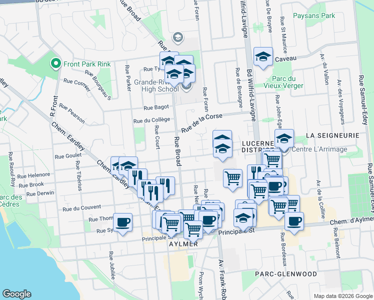 map of restaurants, bars, coffee shops, grocery stores, and more near 17 Rue du Cidre in Gatineau
