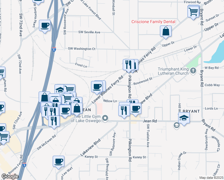 map of restaurants, bars, coffee shops, grocery stores, and more near 17350 Boones Ferry Road in Lake Oswego