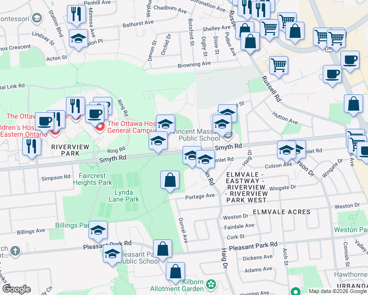 map of restaurants, bars, coffee shops, grocery stores, and more near 663 Smyth Road in Ottawa