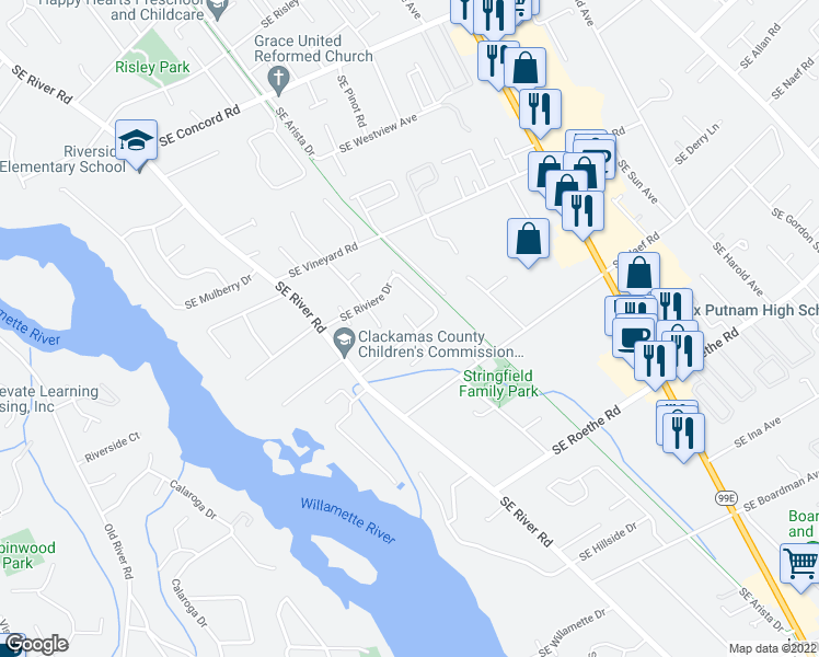 map of restaurants, bars, coffee shops, grocery stores, and more near 3343 Southeast Deswell Street in Milwaukie