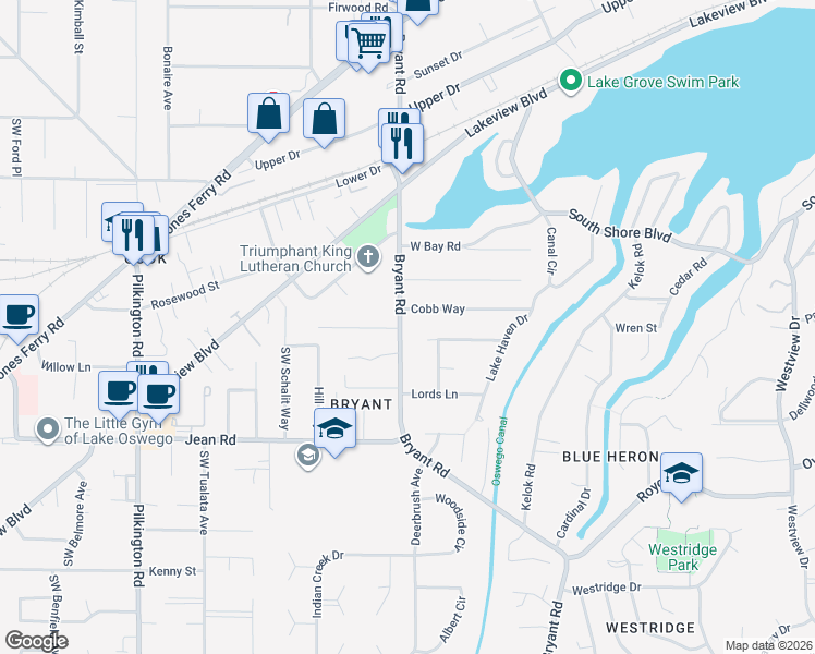 map of restaurants, bars, coffee shops, grocery stores, and more near 4400 Cobb Way in Lake Oswego
