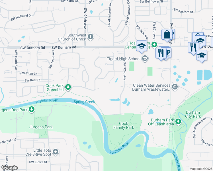 map of restaurants, bars, coffee shops, grocery stores, and more near 16550 Southwest 93rd Avenue in Tigard