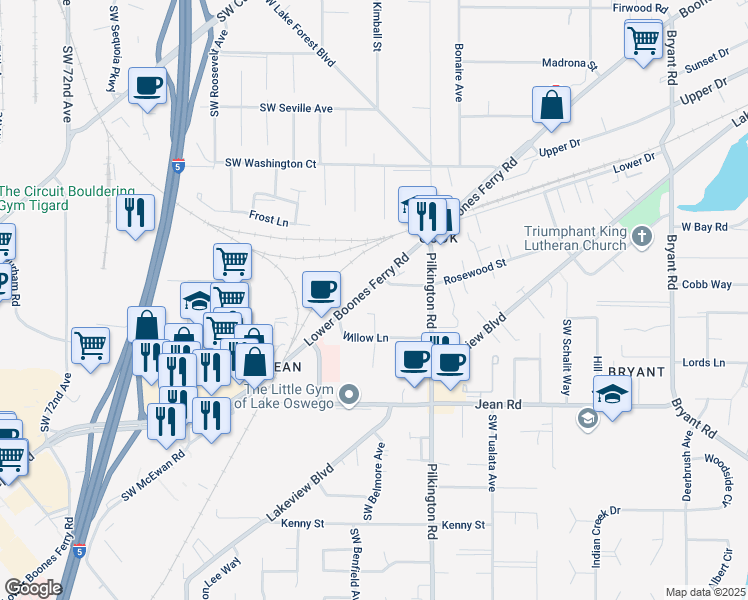 map of restaurants, bars, coffee shops, grocery stores, and more near 17350 Boones Ferry Road in Lake Oswego