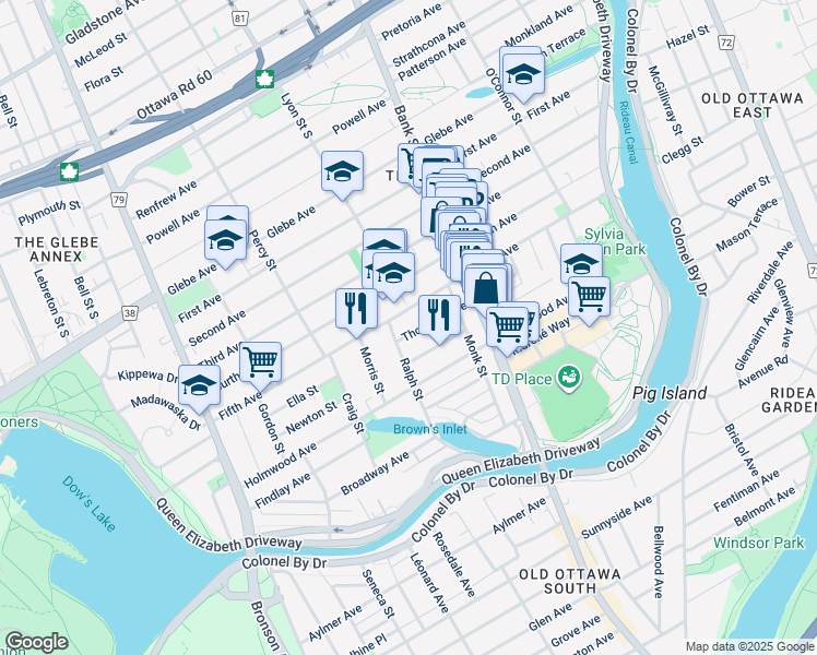 map of restaurants, bars, coffee shops, grocery stores, and more near 31 Thornton Avenue in Ottawa