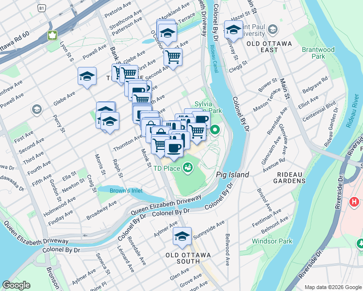 map of restaurants, bars, coffee shops, grocery stores, and more near Marché Way in Ottawa