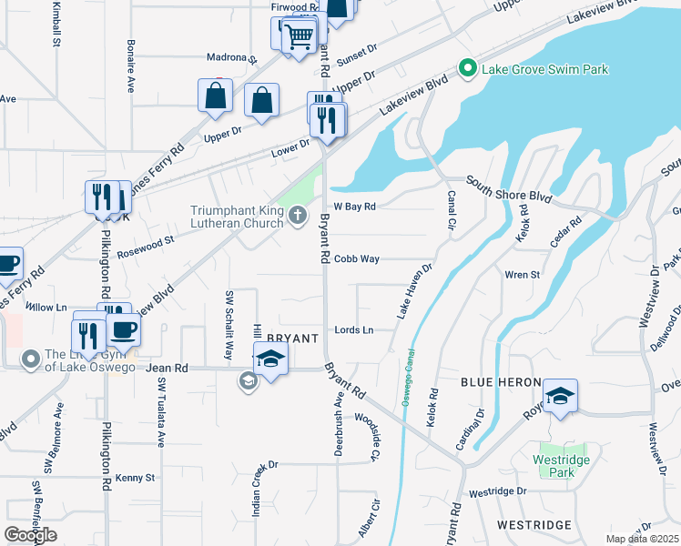 map of restaurants, bars, coffee shops, grocery stores, and more near 4400 Cobb Way in Lake Oswego