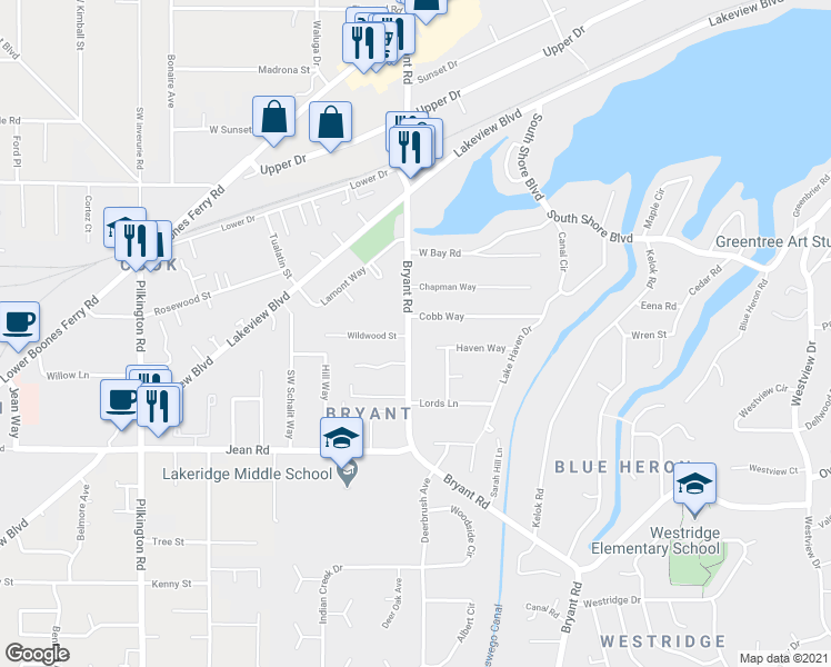 map of restaurants, bars, coffee shops, grocery stores, and more near 4400 Cobb Way in Lake Oswego