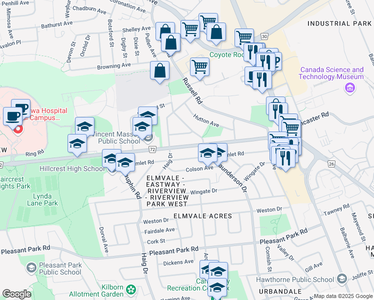 map of restaurants, bars, coffee shops, grocery stores, and more near in Ottawa