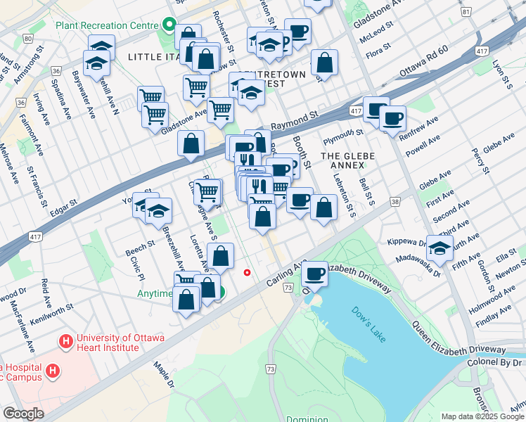 map of restaurants, bars, coffee shops, grocery stores, and more near in Ottawa