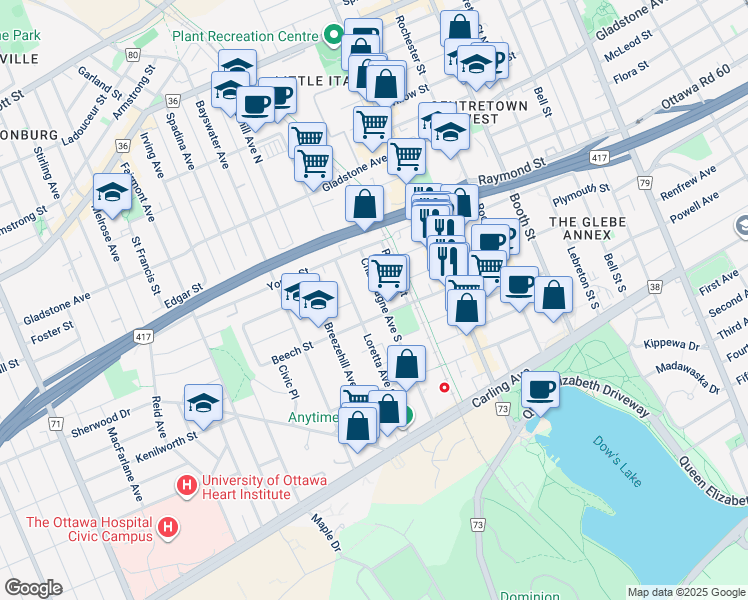 map of restaurants, bars, coffee shops, grocery stores, and more near in Ottawa