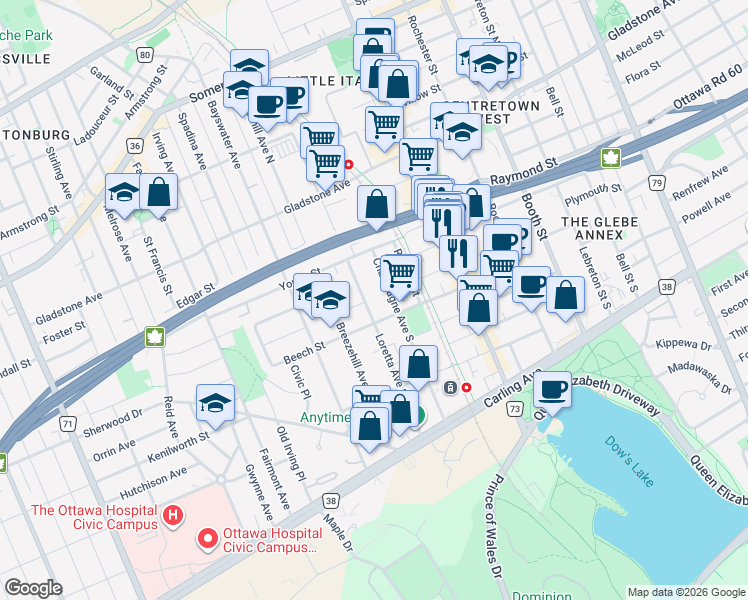 map of restaurants, bars, coffee shops, grocery stores, and more near 229 Loretta Avenue South in Ottawa