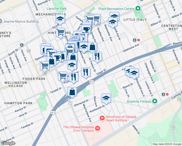 map of restaurants, bars, coffee shops, grocery stores, and more near in Ottawa