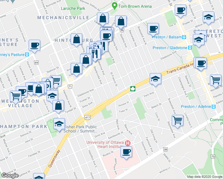 map of restaurants, bars, coffee shops, grocery stores, and more near in Ottawa