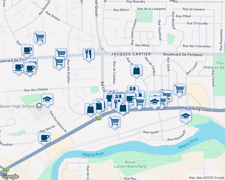 map of restaurants, bars, coffee shops, grocery stores, and more near 120 Rue de Candiac in Sherbrooke