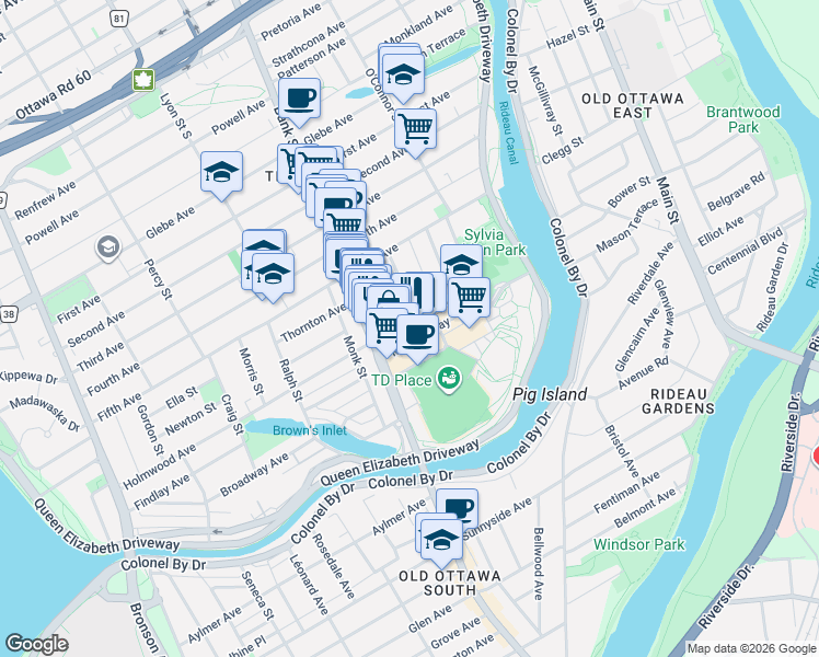 map of restaurants, bars, coffee shops, grocery stores, and more near 78 Holmwood Avenue in Ottawa