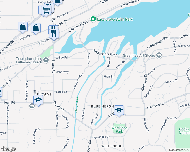map of restaurants, bars, coffee shops, grocery stores, and more near 17349 Kelok Road in Lake Oswego