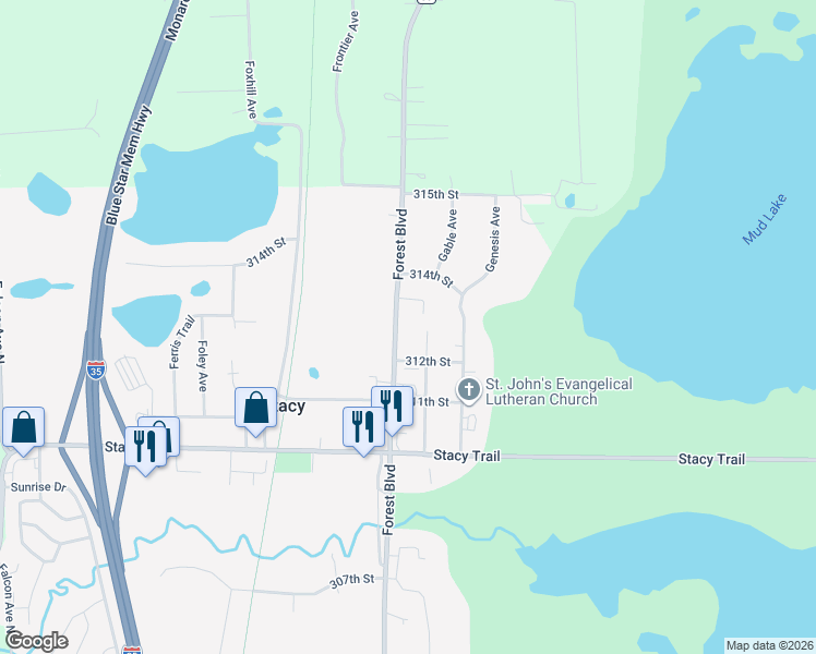 map of restaurants, bars, coffee shops, grocery stores, and more near 31305 Forest Boulevard in Stacy