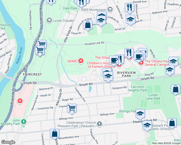 map of restaurants, bars, coffee shops, grocery stores, and more near 103 Tall Oak Private in Ottawa