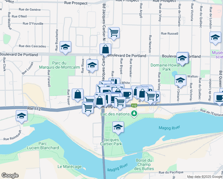 map of restaurants, bars, coffee shops, grocery stores, and more near 87 Rue Chartier in Sherbrooke