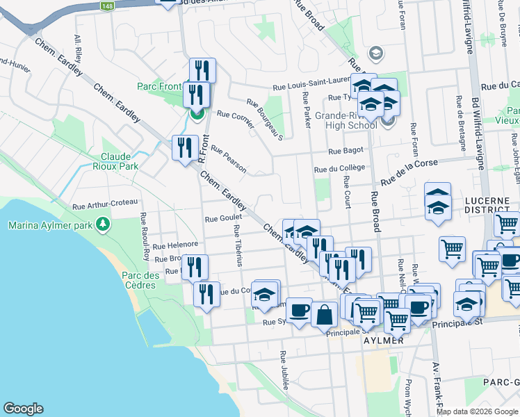 map of restaurants, bars, coffee shops, grocery stores, and more near 62 Chemin Eardley in Gatineau