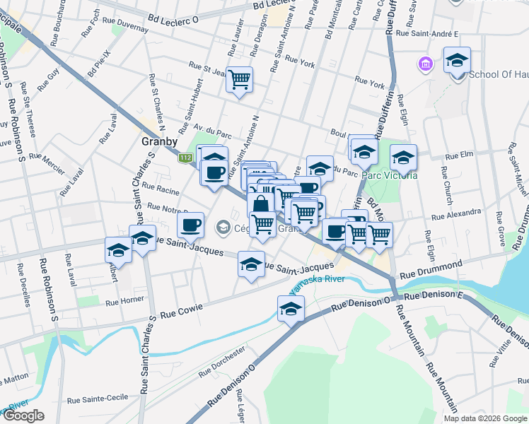 map of restaurants, bars, coffee shops, grocery stores, and more near 204 Rue Principale in Granby