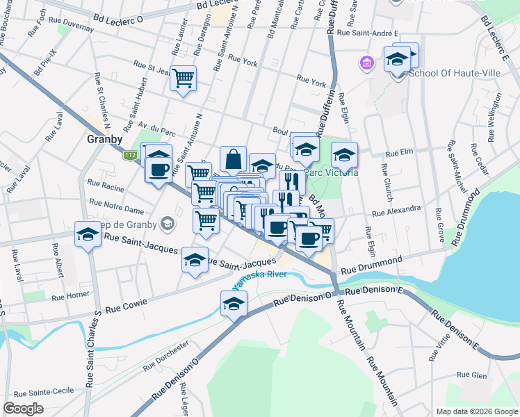 map of restaurants, bars, coffee shops, grocery stores, and more near 142 Rue Victoria in Granby