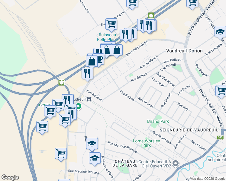 map of restaurants, bars, coffee shops, grocery stores, and more near 400 Rue Boîleau in Vaudreuil-Dorion