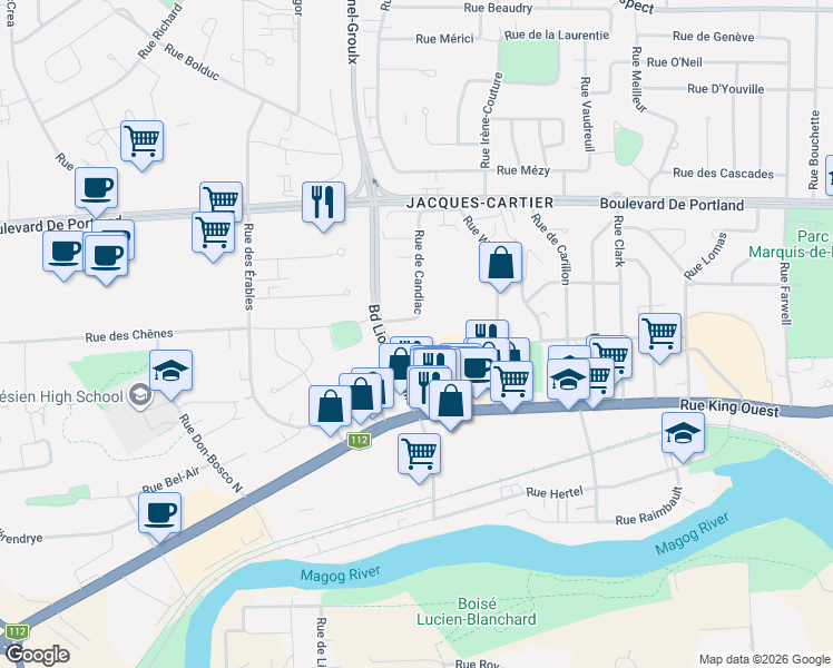 map of restaurants, bars, coffee shops, grocery stores, and more near 120 Rue de Candiac in Sherbrooke