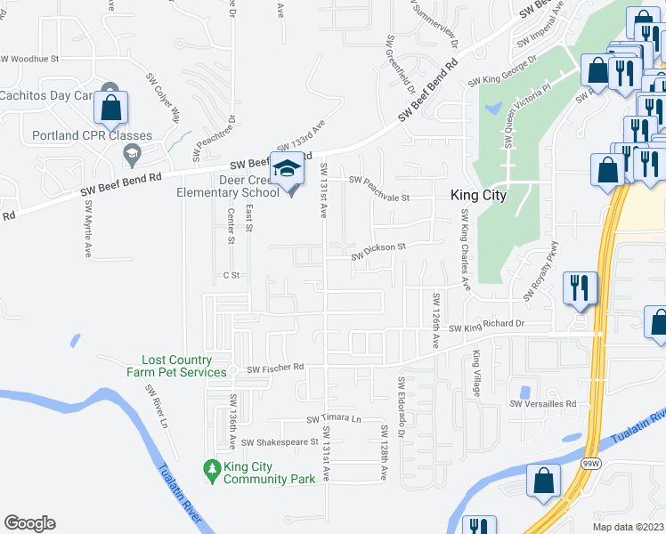 map of restaurants, bars, coffee shops, grocery stores, and more near 13040 Southwest Dickson Street in Portland