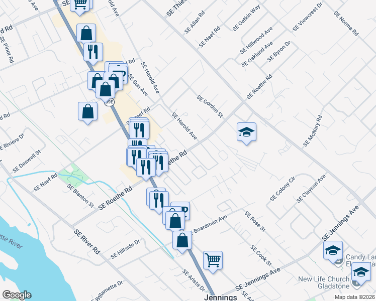 map of restaurants, bars, coffee shops, grocery stores, and more near 4567 Southeast Roethe Road in Portland