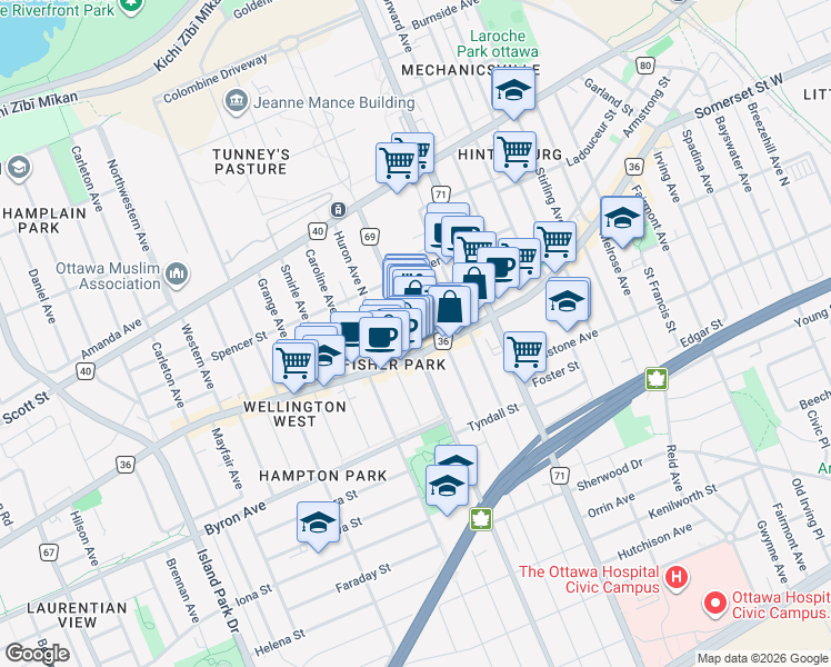 map of restaurants, bars, coffee shops, grocery stores, and more near 99 Holland Avenue in Ottawa