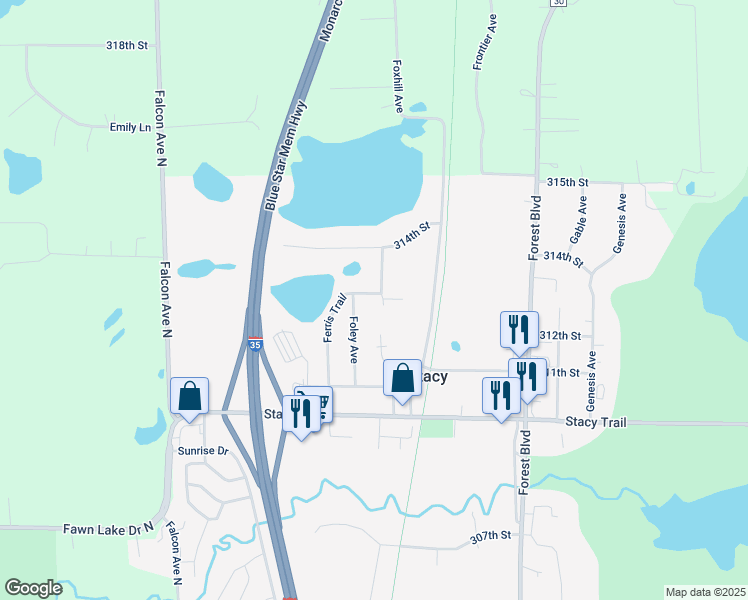 map of restaurants, bars, coffee shops, grocery stores, and more near 31320 Prairie Court in Stacy