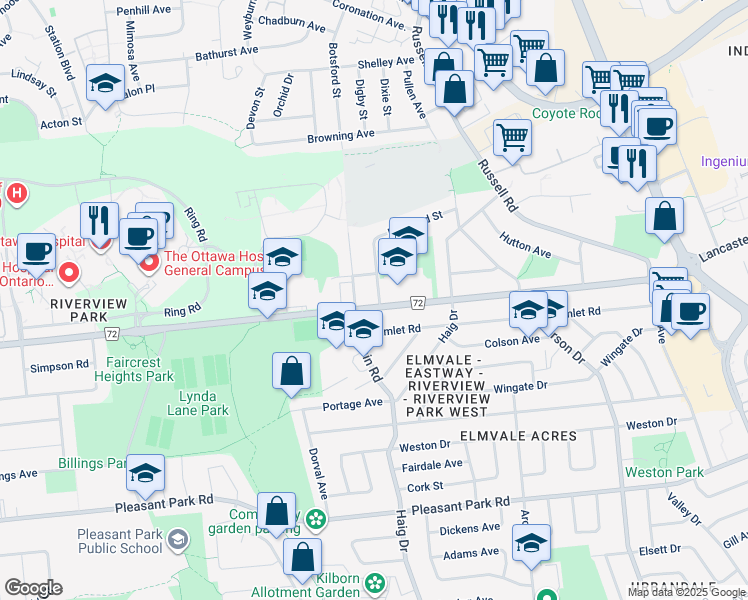 map of restaurants, bars, coffee shops, grocery stores, and more near 1854 Edgecombe Street in Ottawa