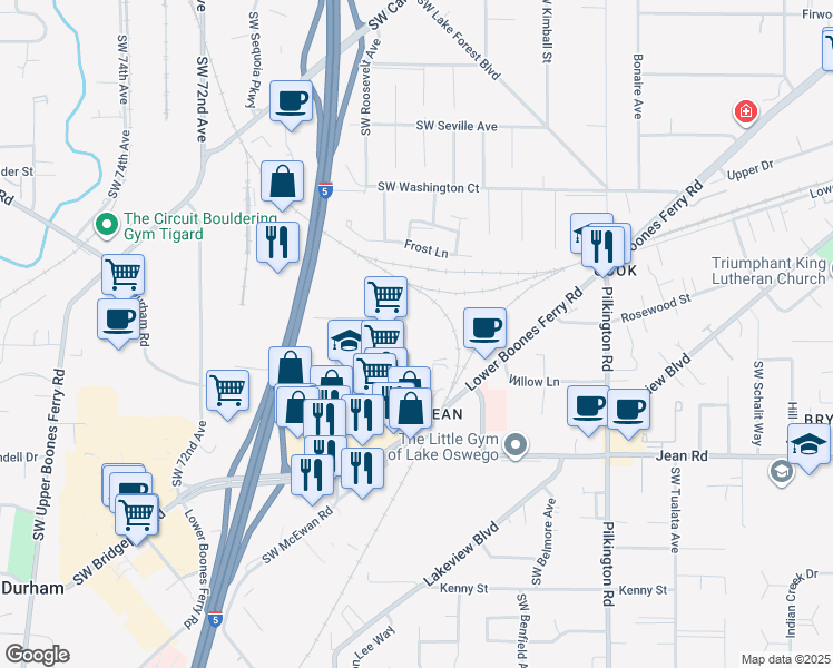 map of restaurants, bars, coffee shops, grocery stores, and more near 17360 63rd Avenue in Lake Oswego