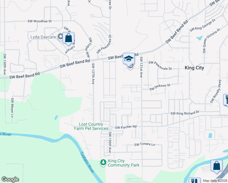 map of restaurants, bars, coffee shops, grocery stores, and more near 13620 Southwest Beef Bend Road in Tigard