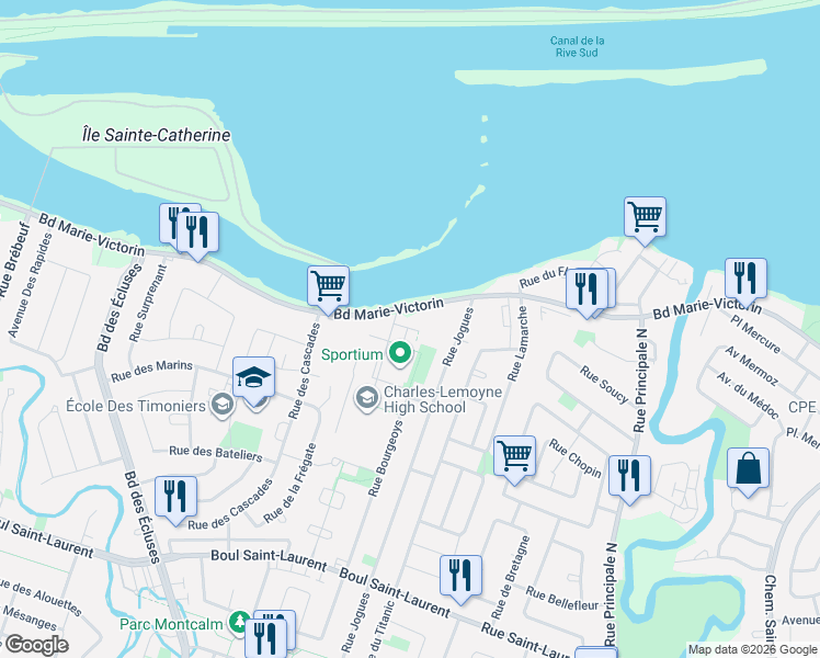 map of restaurants, bars, coffee shops, grocery stores, and more near 75 Place Charles-Lemoyne in Sainte-Catherine