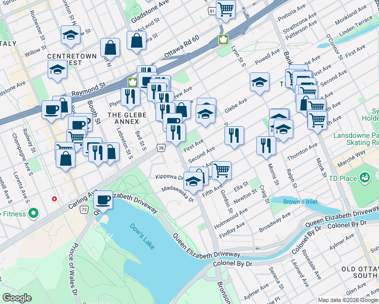 map of restaurants, bars, coffee shops, grocery stores, and more near 380 First Avenue in Ottawa