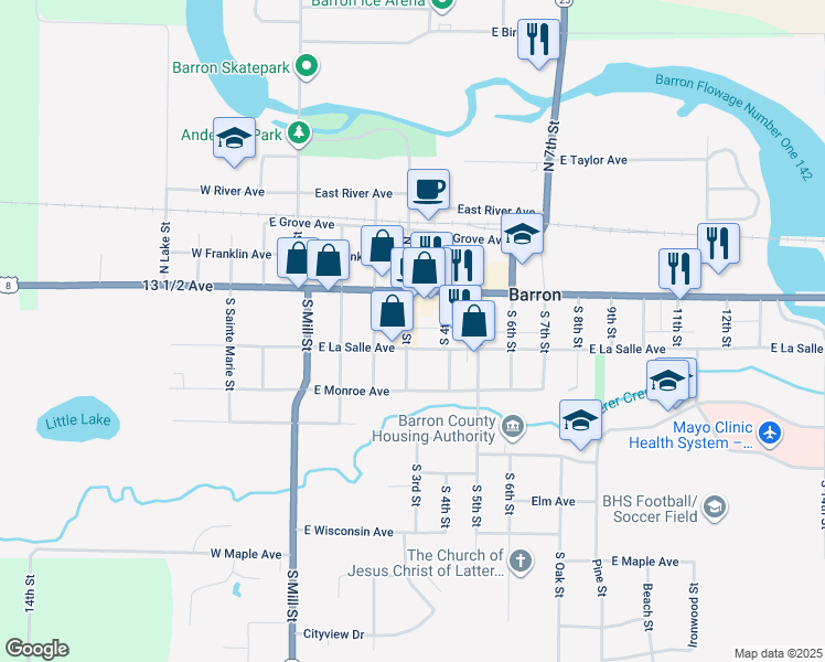 map of restaurants, bars, coffee shops, grocery stores, and more near 54 South 3rd Street in Barron