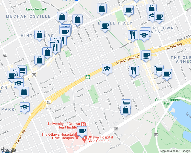 map of restaurants, bars, coffee shops, grocery stores, and more near 139 Young Street in Ottawa