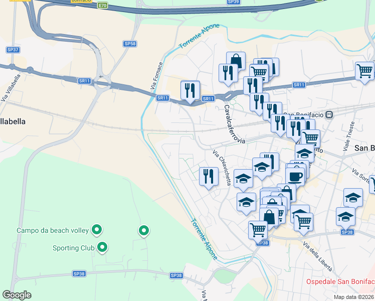 map of restaurants, bars, coffee shops, grocery stores, and more near 14 Via Martiri di Belfiore in San Bonifacio