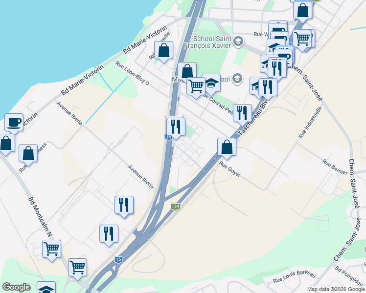 map of restaurants, bars, coffee shops, grocery stores, and more near 16 Avenue Papineau in Candiac
