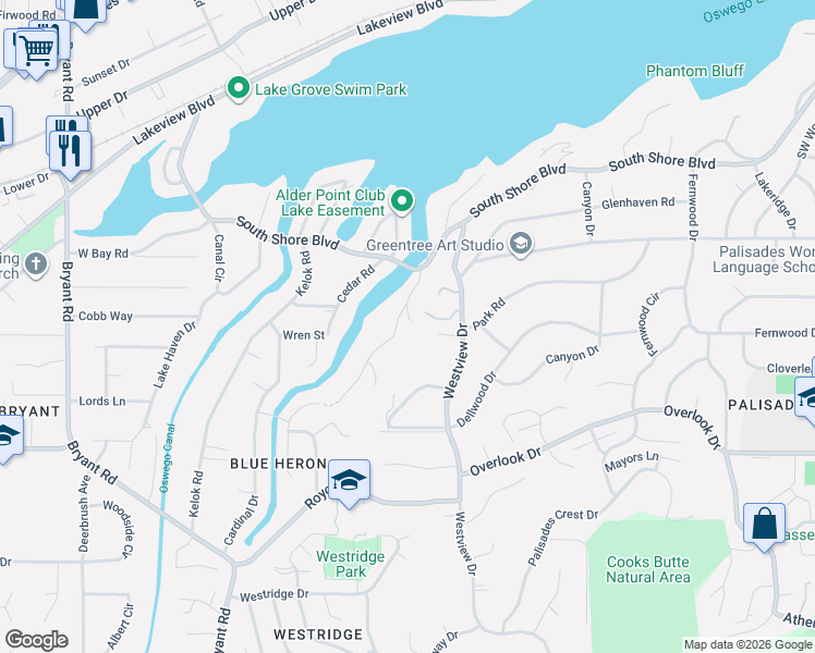 map of restaurants, bars, coffee shops, grocery stores, and more near 17288 Blue Heron Road in Lake Oswego