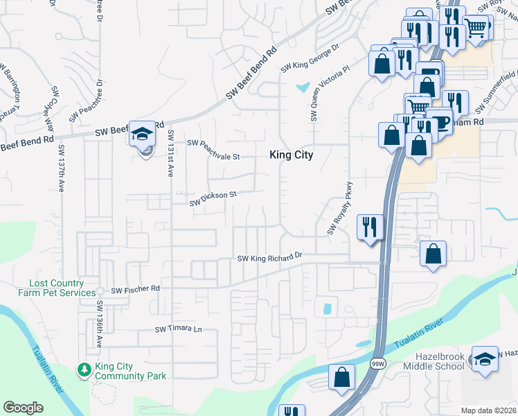 map of restaurants, bars, coffee shops, grocery stores, and more near 16515 Southwest Monaco Lane in King City